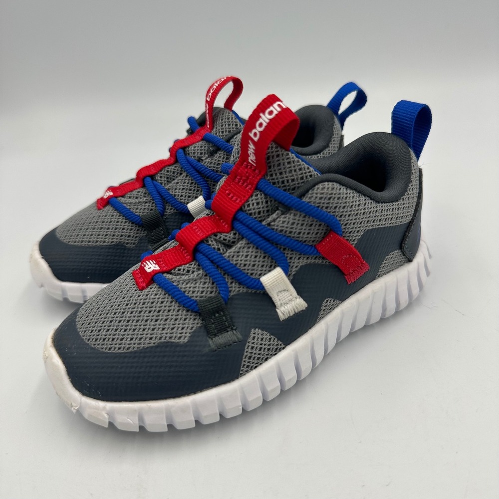 New Balance Playgruv Toddler Shoes Sz 7 Gray Blue Red Athletic Sneakers slip-on